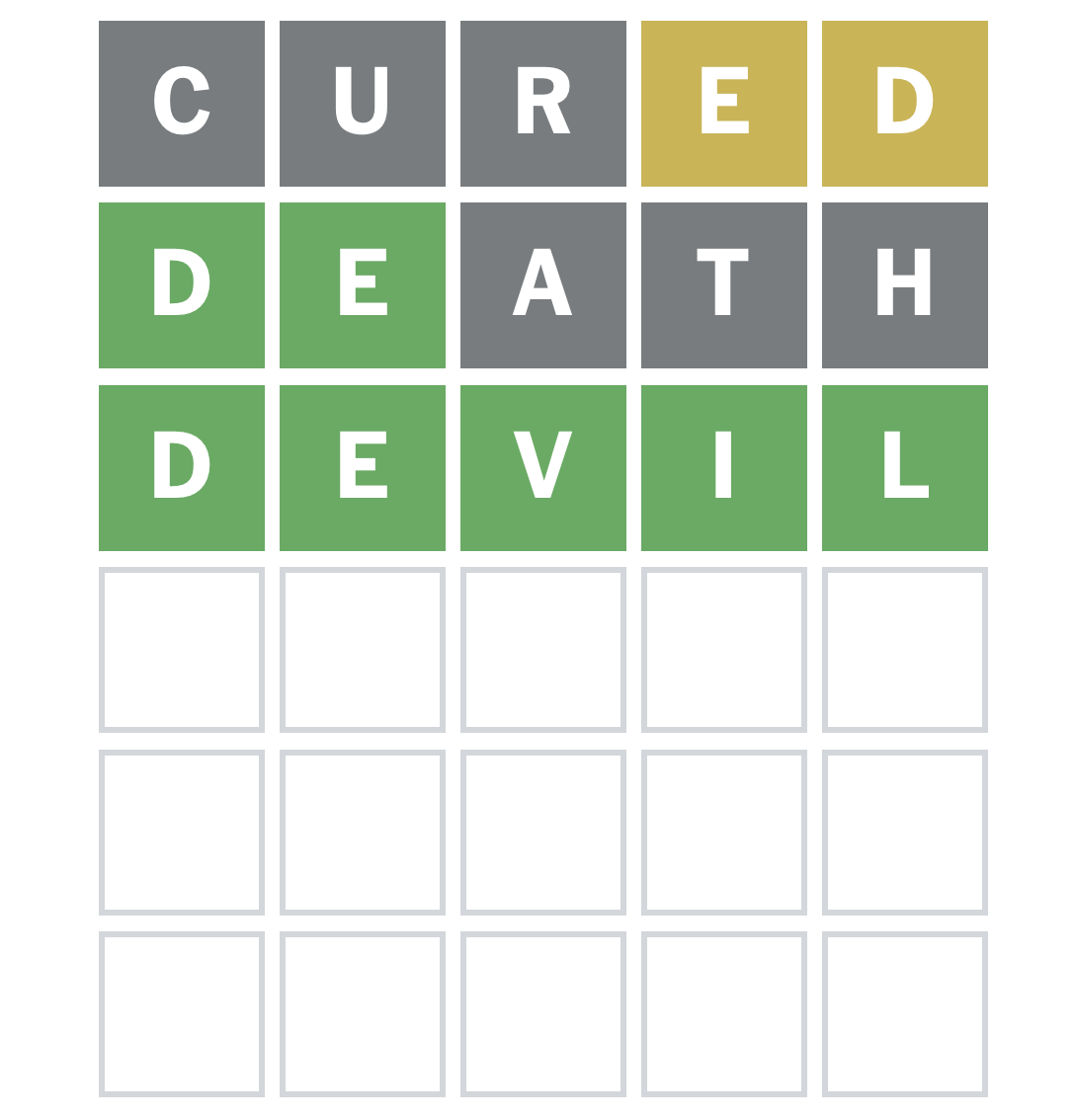 A wordl screenshot with the words: cured, death, devil
