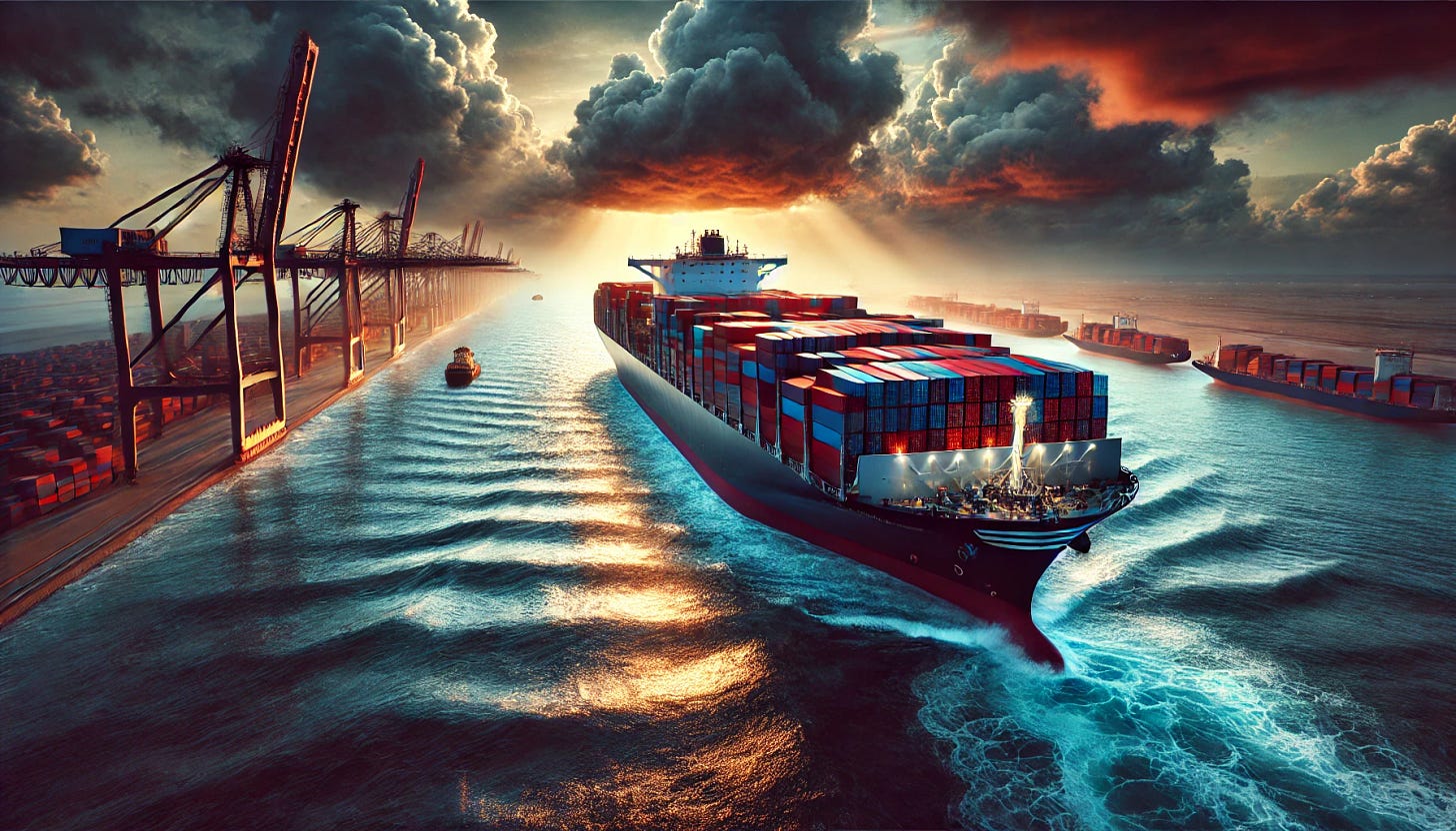 A massive container ship navigating through the Red Sea under a dramatic sky, symbolizing uncertainty and change in global trade. The ship is surrounded by turbulent waters, with some containers appearing slightly misaligned, hinting at past disruptions. In the background, the Suez Canal entrance is visible, while a few smaller vessels cautiously follow. The atmosphere is moody yet realistic, reflecting tension and anticipation in the shipping industry. The lighting highlights the ship’s structure and the reflections on the water, creating a powerful, visually striking image.