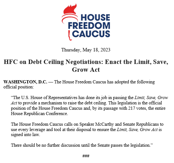 House Republicans did our job on debt ceiling. It's time for President Biden and Senate Democrats to do theirs and pass the Limit, Save, Grow Act. No more discussion on watering it down. Period.