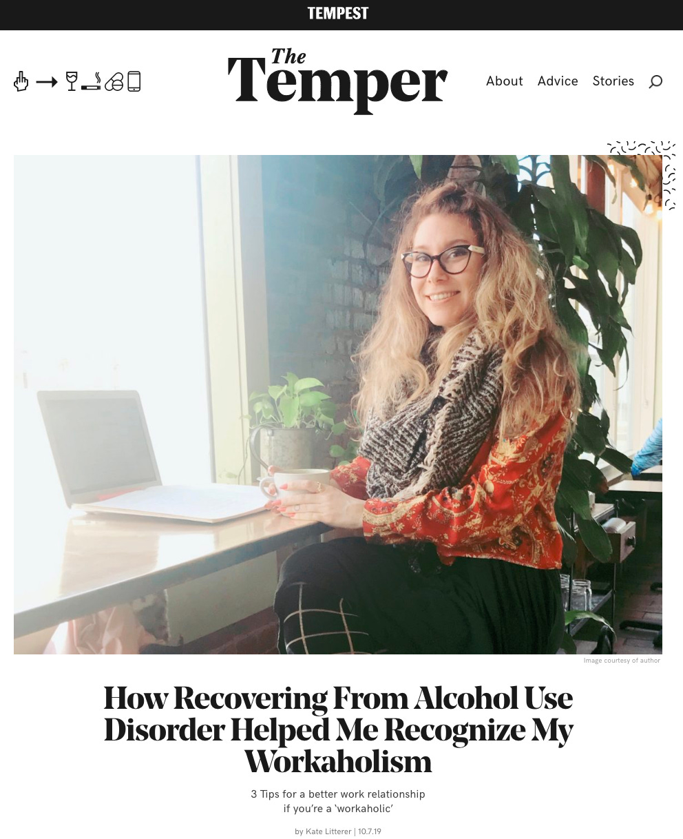 Image Description: A screenshot of Kate’s article title from October, 2019. There’s a photo of her at a cafe with long reddish blonde hair and she’s holding a coffee cup.