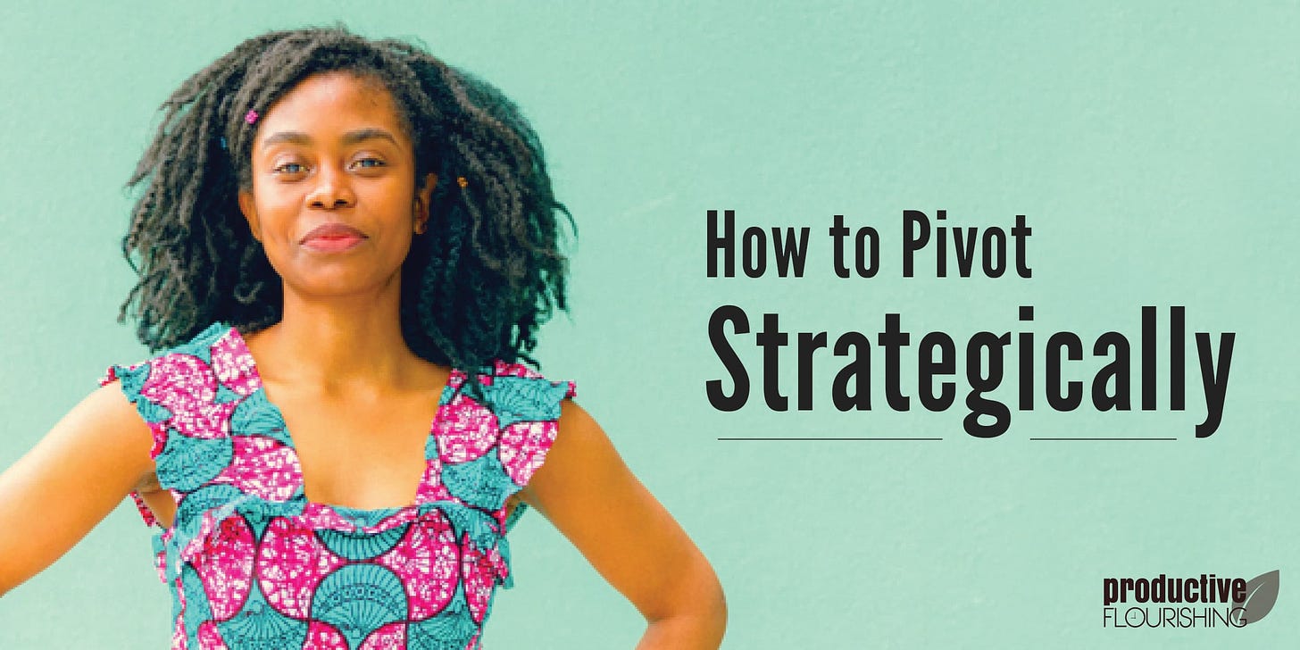 A woman stands prpoudly facing the camera against a teal background. Text Overlay: How to Pivot Strategically