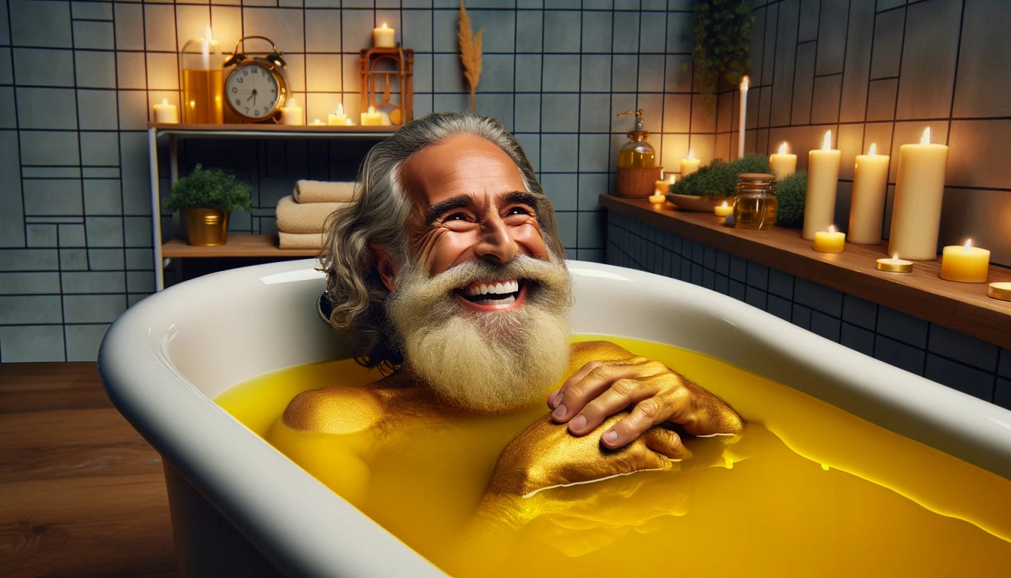 An image of a delighted health guru sitting in a bathtub filled with yellow water, looking very happy and relaxed. The guru is depicted with a broad smile, embodying a sense of wellness and contentment. He is sitting comfortably in the bathtub, which is modern and elegant. The bathroom setting is serene and spa-like, with candles, plants, and soft lighting, creating a peaceful and health-focused atmosphere. The image captures the guru's moment of joy and relaxation in the yellow water, conveying a theme of unconventional health practices. The image is in a 4:3 aspect ratio.