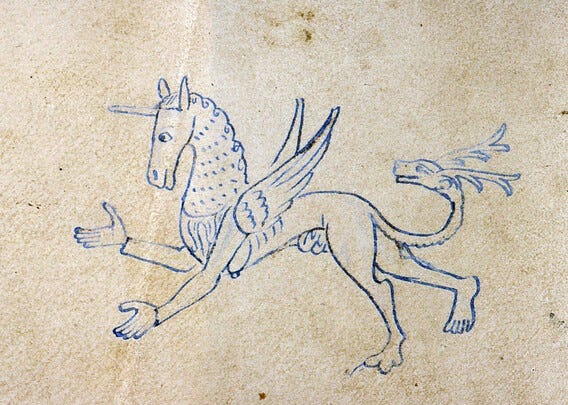 #Unicorn-pegasus-stag-man. Bible, France 13th century. Chambéry, Bibliothèque municipale, ms. 34, fol. 215v.