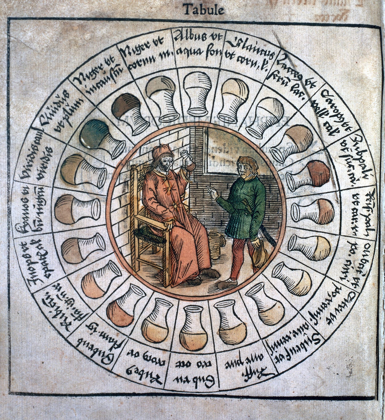 This illustration has a central circular element where a seated doctor examines a urine bottle and a man awaits his verdict. Around this is a larger circle divided into sections, each showing a drawing of a urine bottle with different coloured contents. A further ring of the circle contains Latin text referring to each bottle.