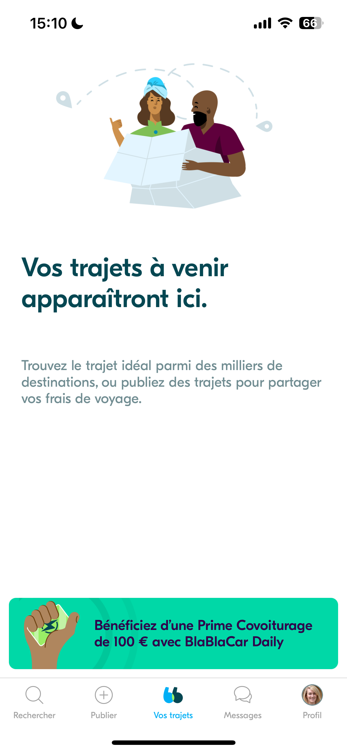 La section ‘Vos trajets’ de l’application BlaBlaCar