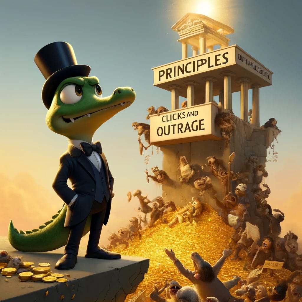 A small, anthropomorphic gator named Croaky, dressed in a sharp suit, standing on a crumbling platform labeled 'Principles.' Below him, chaotic opportunists and grifters scramble over a heap of gold coins labeled 'Clicks and Outrage.' Croaky looks indignant and points toward a distant shining structure labeled 'Tradition and Virtue,' which glows with a serene, golden light, symbolizing integrity and enduring values. The overall scene has a dramatic and thought-provoking tone, rendered in a Pixar-Disney animation style.