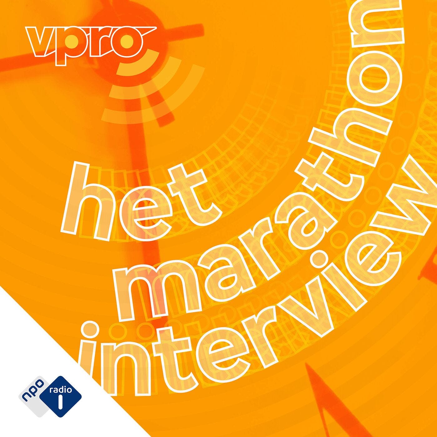 artwork van VPRO Het Marathoninterview. Alles is knaloranje, de tekst lijkt te bewegen en is doorzichtig wit