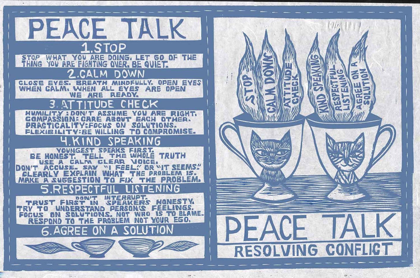 A horizontal woodcut printed in dusty blue. On the left, the text mentioned above is depicted. On the right side, text on the bottom states: “Peace Talk, resolving conflict.” Above, two teacups are decorated with the faces of smiling cats who are looking at each other. Flame-shaped word bubbles come out of the cups, reiterating the six steps for resolving conflict.