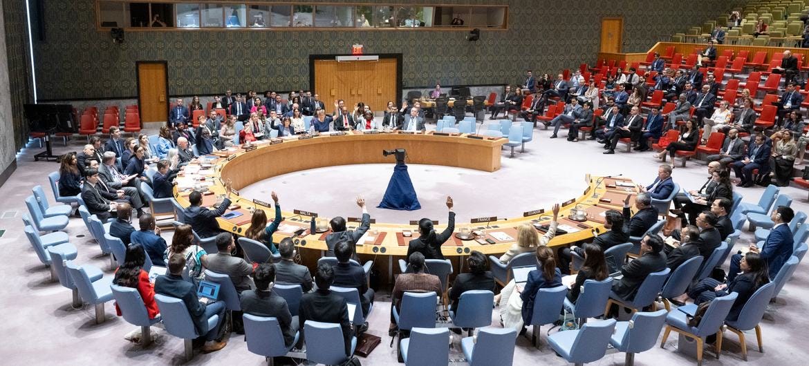 A view of the UN Security Council as members vote in favour of the draft resolution on the situation in Gaza.