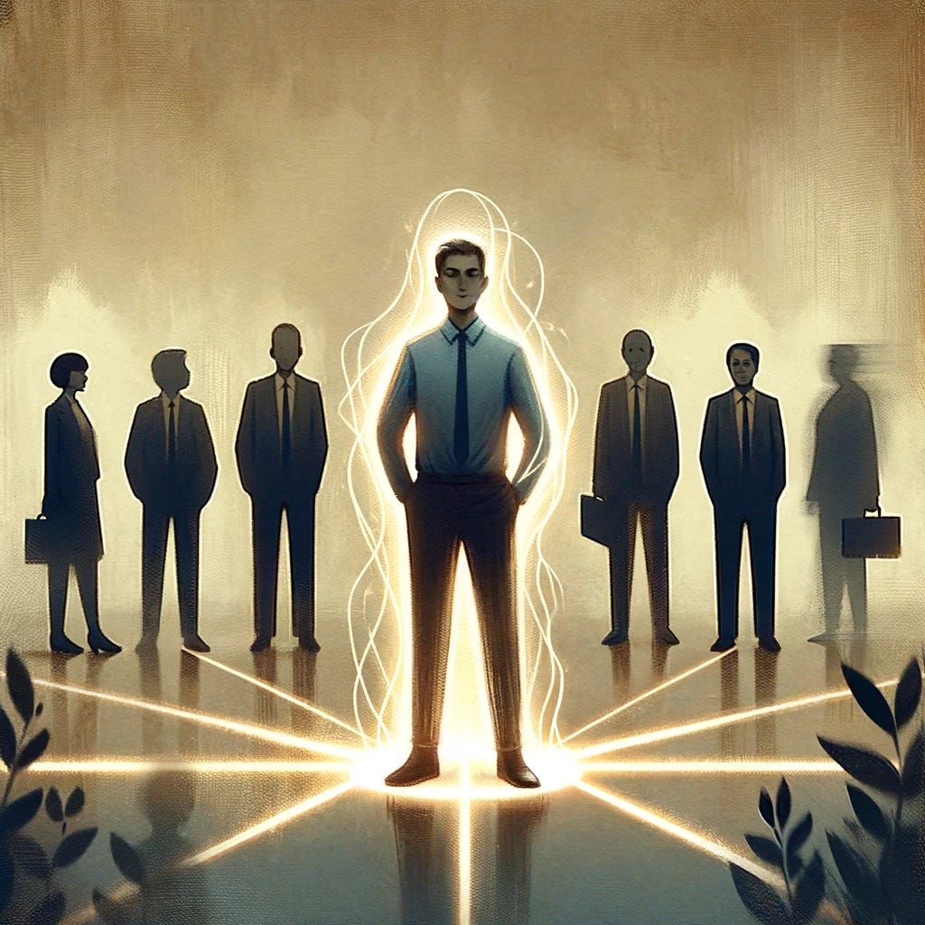 An evocative illustration depicting the empowerment that comes from setting personal boundaries. The image shows a person standing confidently, surrounded by a glowing outline that represents their newly established boundaries. Outside this outline, there are faint silhouettes of people, some with expressions of surprise or discontent, symbolizing those who were previously benefiting from the absence of boundaries. This visual metaphor emphasizes the strength and clarity gained through boundary setting, and the varying reactions of others to this change. The background is neutral, focusing attention on the central figure's moment of empowerment and the impact of asserting personal limits.