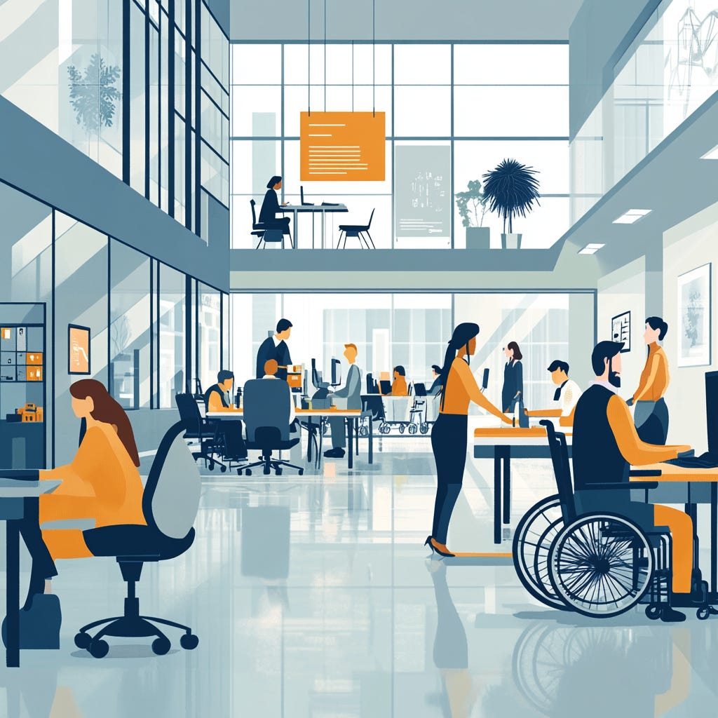 an illustration of A bright, modern office space with diverse group of people, including wheelchair users and visually impaired individuals, working together seamlessly.