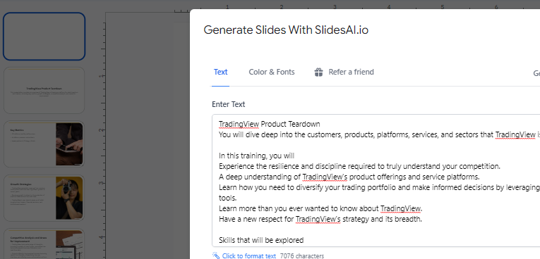 Generating slides with SlidesAI.io.