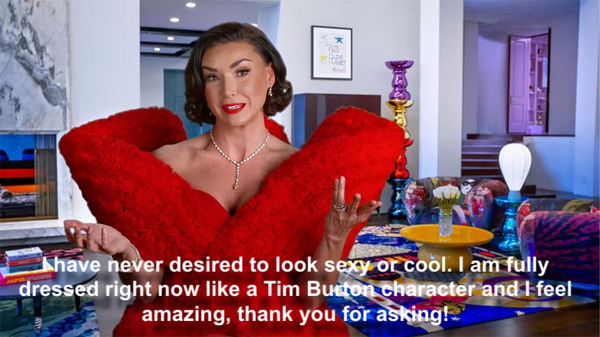 picture of bronwyn newport from real housewives of salt lake city wearing an insane red dress with the quote I have never desired to look sexy or cool. I am fully dressed right now like a Tim Burton character and I feel amazing, thank you for asking! on the bottom