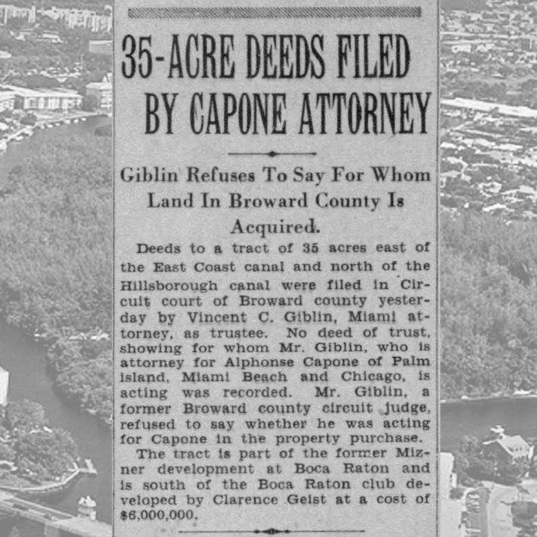 Article in the Miami Herald reporting on the purchase of an island in Broward County that would later be referred to as Capone Island.