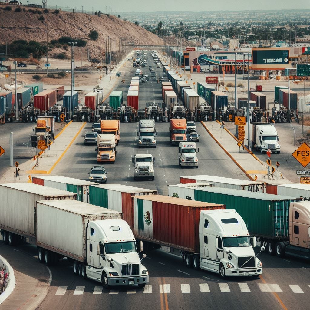 Mexico-US freight trucks crossing the border of nuevo laredo