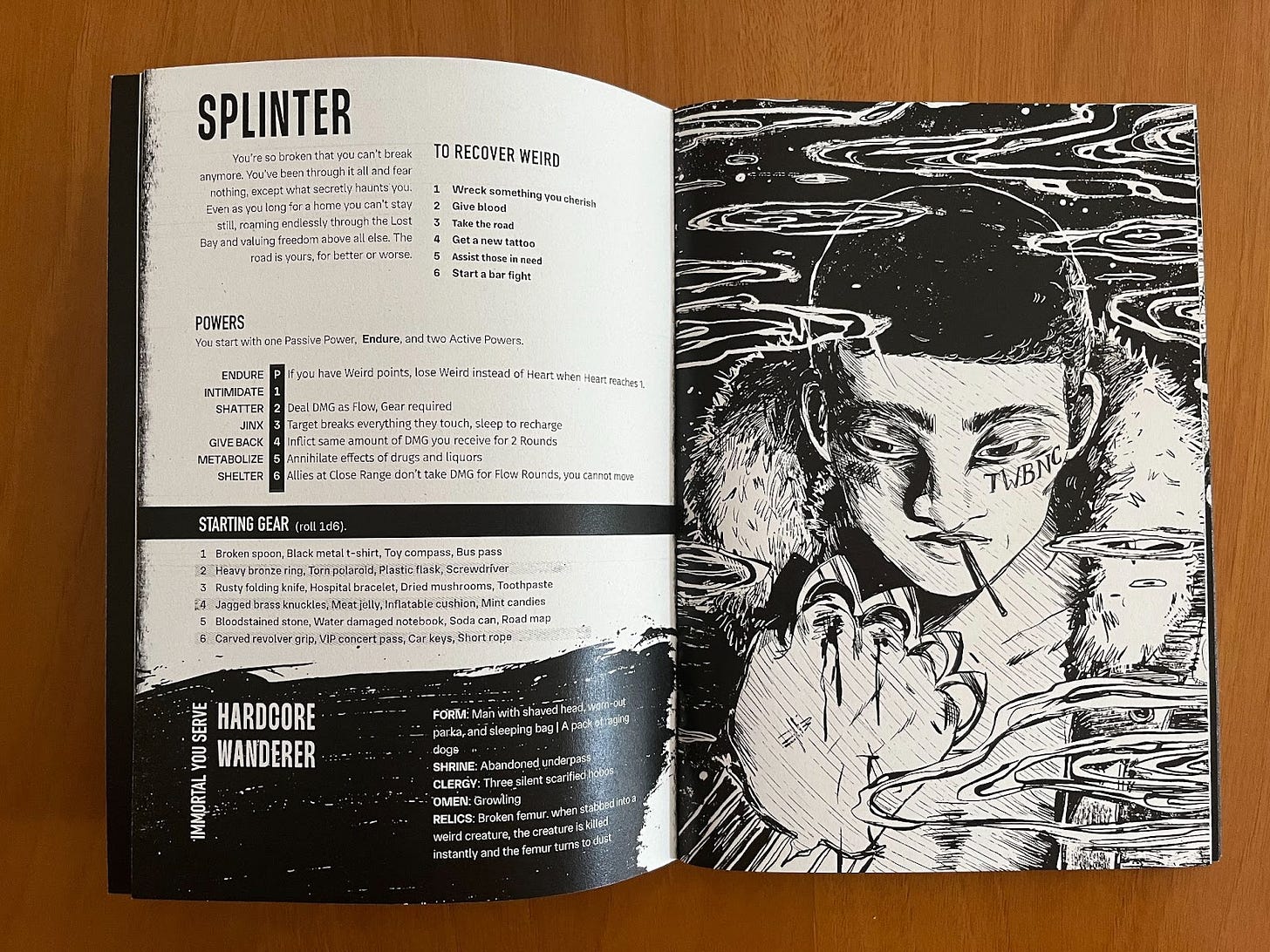 The Lost Bay Quickstart, open to a spread describing the Splinter vibe. On the left page is text discussing the powers, items, and characteristics of the Splinter, a person so broken that they can’t break anymore. On the right page is an illustration of the vibe’s Saint, the Hardcore Wanderer. They are wearing a large parka and have a shaved head. They also have the letters “TWBNC” tattooed under their left eye. They are holding brass knuckles in their right hand, which is scarred and bloody.