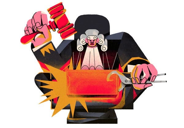 An illustration depicts a white-wigged judge preparing to slam a gavel onto a bright red brick on an anvil. 