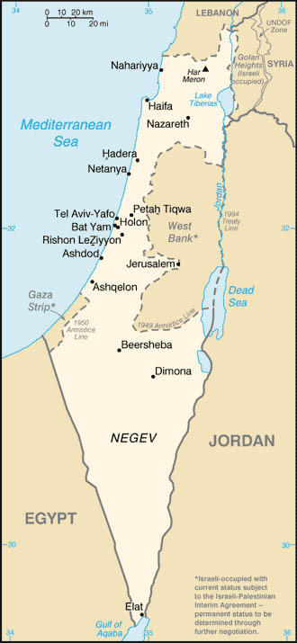 Map of Israel, the West Bank, the Gaza Strip, and the Golan Heights