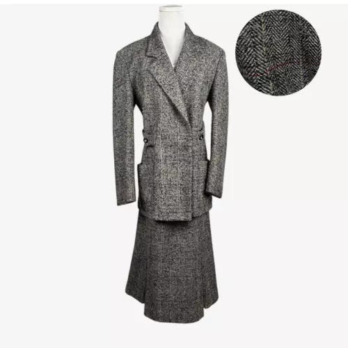 Highland Queen Skirt Suit Womens 12 Wool Tweed Herringbone Grey Midi Belted Vtg - Picture 1 of 23