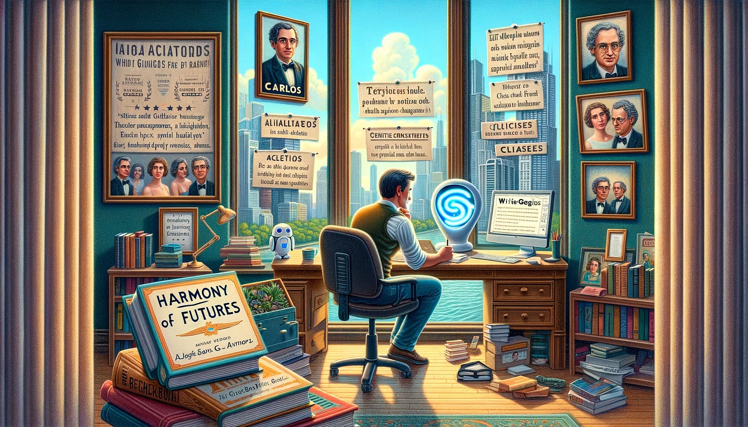 An imaginative representation of a novelist's inner conflict, depicted in a landscape format. The scene shows a writer, Carlos, in his Chicago office, looking thoughtfully at his book 'Harmony of Futures' on the desk. Nearby, a computer screen displays the AI assistant 'WriteGenius' offering suggestions. The room is filled with accolades and positive reviews about the book, but also some critical articles pointing out clichés. A framed photograph of Carlos with his sister Anna is on the desk, symbolizing his personal dilemma. The window shows a cityscape of Chicago. The mood is reflective and slightly conflicted, capturing the essence of the writer's internal struggle between pride and guilt.