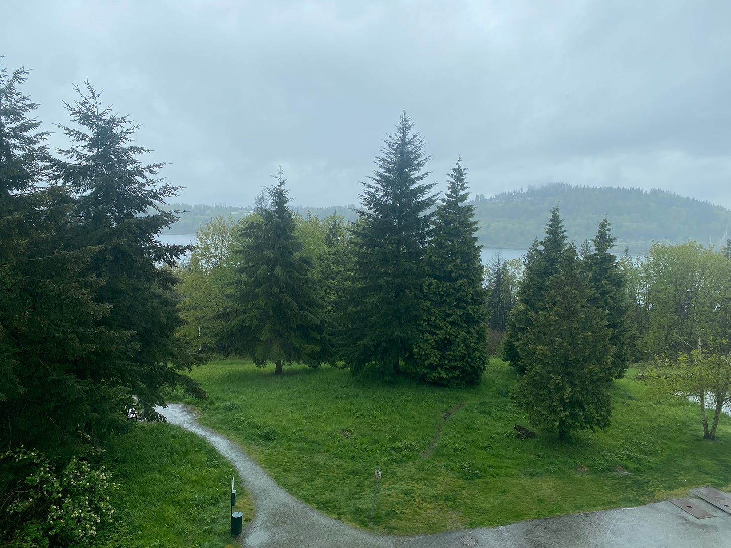 A rainy landscape: grey skies over a path through a small park with grass and evergreens. In the background is the inlet, and Capitol Hill in Burnaby, hazy through the rain.
