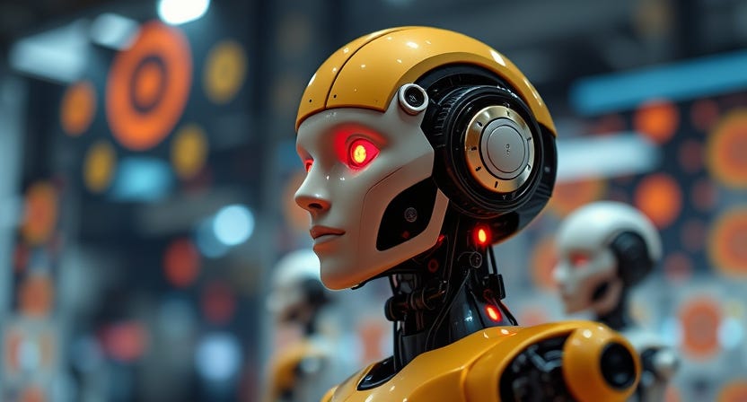 sophisticated yellow, black, and grey humanoid robot with glowing orange eyes in a futuristic workspace