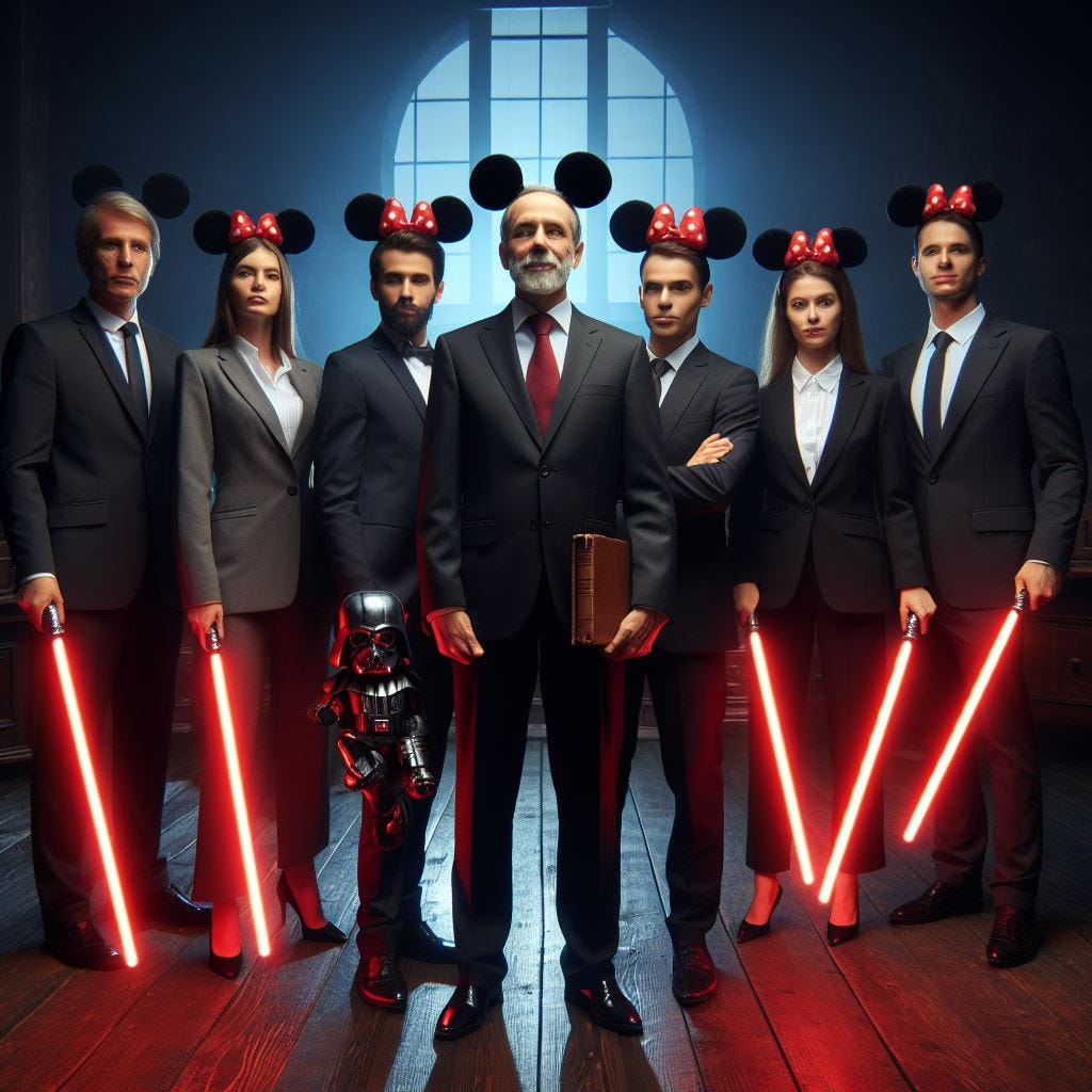 a group of lawyers standing in a dark room holding red lightsabers and wearing Mickey Mouse ears