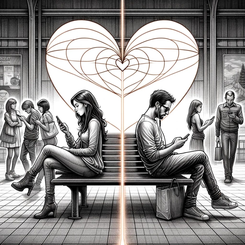 A visual narrative depicting the complex dichotomy of love and togetherness. The image is split into two contrasting halves. On one side, a couple is shown sitting closely on a bench in a public place, physically together but with expressions of distraction and distance, engrossed in their smartphones, symbolizing the lack of emotional connection. On the other side, two individuals are depicted far apart, in different settings, but connected through a visible heart-shaped line that spans the distance between them, indicating a strong emotional bond despite physical separation. This illustration poignantly captures the essence of being together but not in love, and being in love but not together, reflecting the intricate and often paradoxical nature of human relationships and emotions.