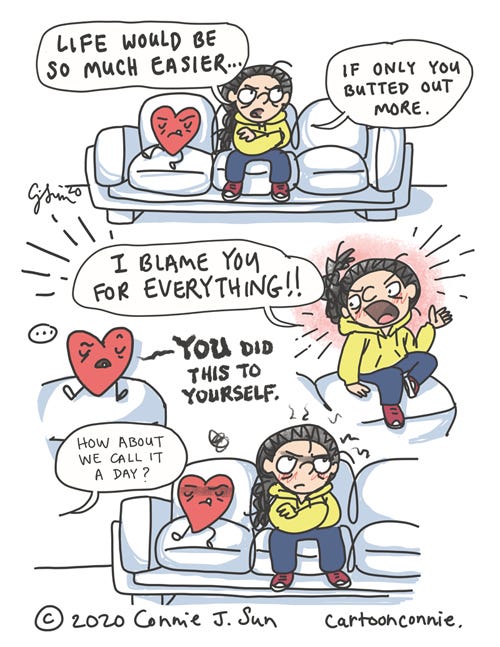 Life Would Be Easier If... Cartoon illustration about emotional, getting therapy and prioritizing mental health wellness. Image of a woman and her heart sitting on a couch. Drawing by Connie Sun, cartoonconnie