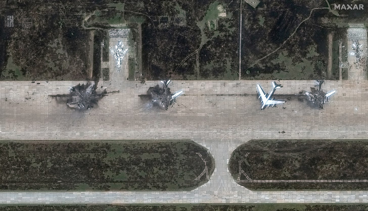 A satellite image shows destroyed TU 95 aircrafts in the aftermath of a drone strike at the Belaya air base