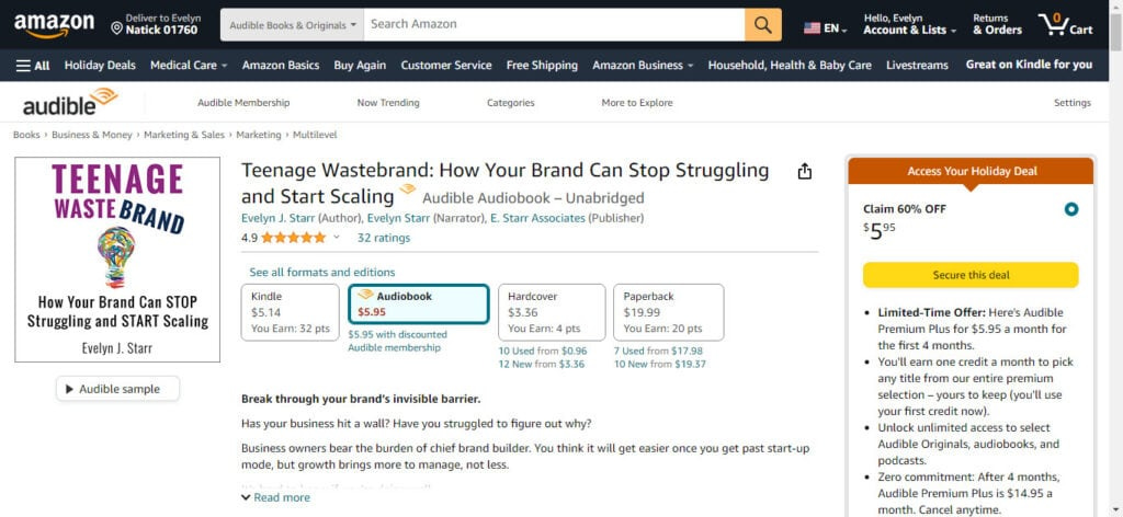 Amazon.com page for audiobook version of Teenage Wastebrand: How Your Brand Can Stop Struggling and Start Scaling on November 7, 2023