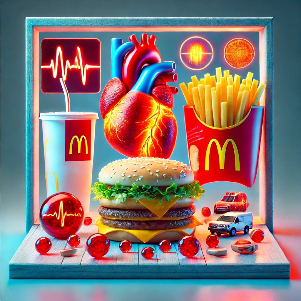 A visually engaging square image focusing on the themes of McDonald's Big Macs, French fries, heart disease, and chronic inflammation. The image should include elements like a Big Mac, French fries, and visual cues indicating heart disease (such as a heart with arteries or medical symbols) and inflammation (represented by red, inflamed areas or medical imagery). The scene should be well-balanced, visually striking, and without any text.