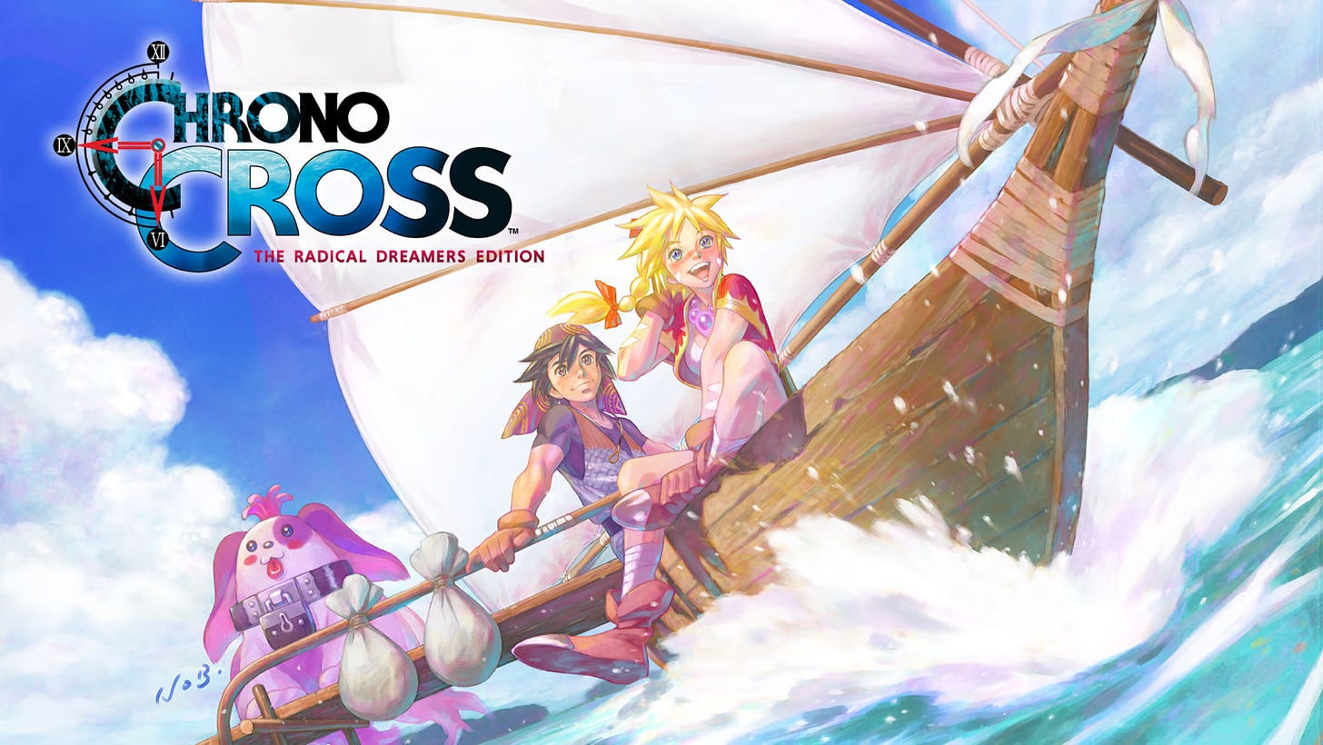 Promotional art for Chrono Cross: The Radical Dreamers Edition, featuring the characters joyfully sailing across the sea.
