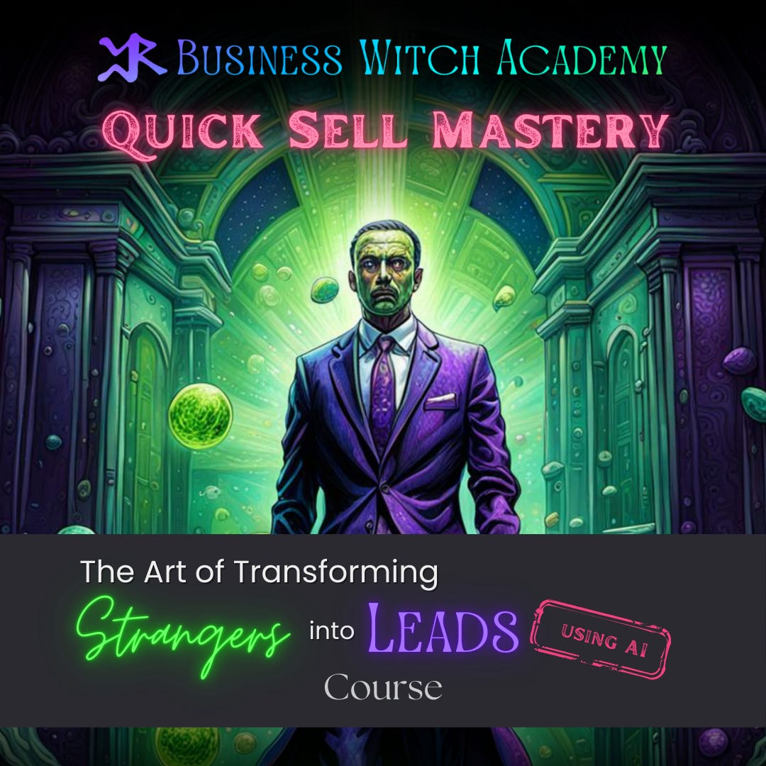 Generated with the assistance of Night Café AI and Canva exclusively for Cheryl Evans, Business Witch Academy, “Quick Sell Mastery: The Art of Transforming Strangers into Leads (using AI)” course.