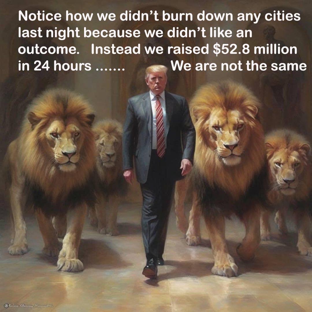 A meme showing convicted felon and former president Donald Trump walking with lions which reads "Notice how we didn't burn down cities last night because we didn't like an outcome. Instead we raised $52.8 million in 24 hours ..... We are not the same"