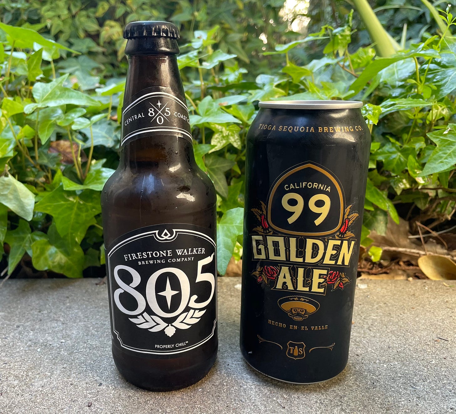 A bottle of Firestone Walker's 805 and a can of Tioga Sequoia's 99 Golden Ale