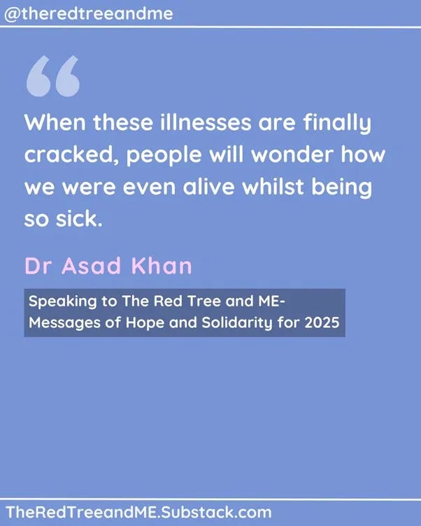 Image shows a quote from Dr Asad Khan speaking to The Red Tree and ME - Messages of Hope and Solidarity for 2025: "When these illnesses are finally cracked, people will wonder how we were even alive while being so sick."