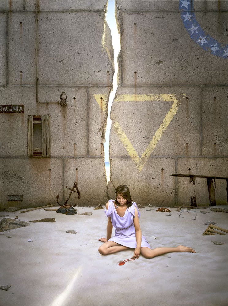 A young woman in a short lavender dress sits with one knee under her and her other leg flared to the side. As she rests her weight comfortably on one arm, palm planted on the sand, her eyes settle on a red glass heart that she slowly draws across the sand by a string. A crack in the concrete wall behind her casts a sliver of light onto the sand. Through the tall meandering crack calm water can be seen in the distance. The crack splits the corner of a yellow triangle painted point down and worn. In the upper right, five-pointed white stars that carry off panel form an arc over eroding blue paint. A sign on the left reads "Armenia" but is cut off at the R. Rust stains trail from holes in the paneled concrete. Among the debris along the base of the wall is a rusty anchor and a broken ladder resting on its side.