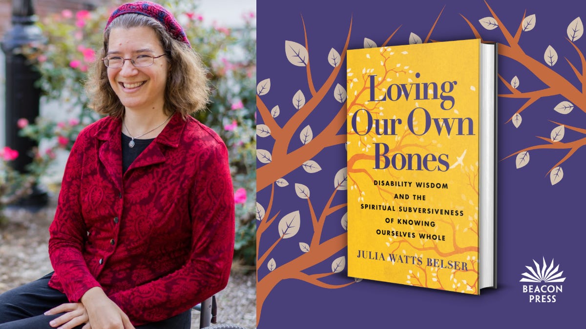 Julia Watts Belser, a white Jewish woman with curly brown and silvered hair, sits happily in her wheelchair in front of a flowering bush. She's wearing a patterned red blazer and red kippah (beret) to match. Her book has a ywllow cover and is set against a background of trees