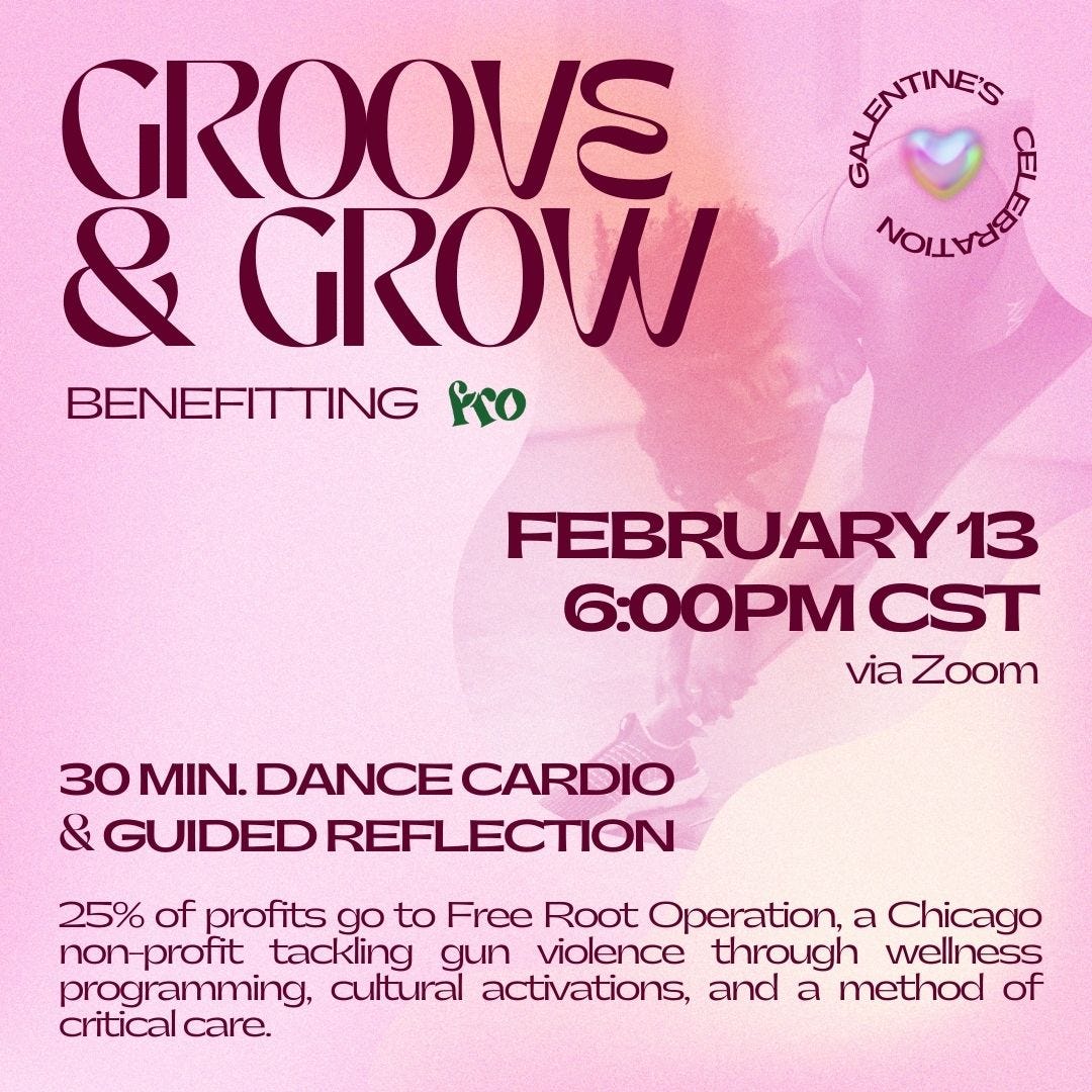 Infographic promoting a Galentine's Day virtual dance cardio event