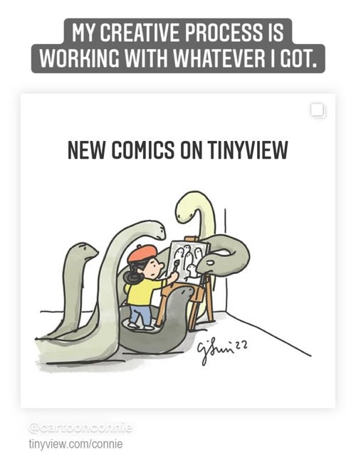 Girl with a beret and brush, painting at an easel, surrounded by the serpents. Cartoon illustration by Connie Sun, cartoonconnie, 2022. Excerpt from webcomic series Creative Notes #62 titled “My Closest Coworkers” for tinyview.com/connie