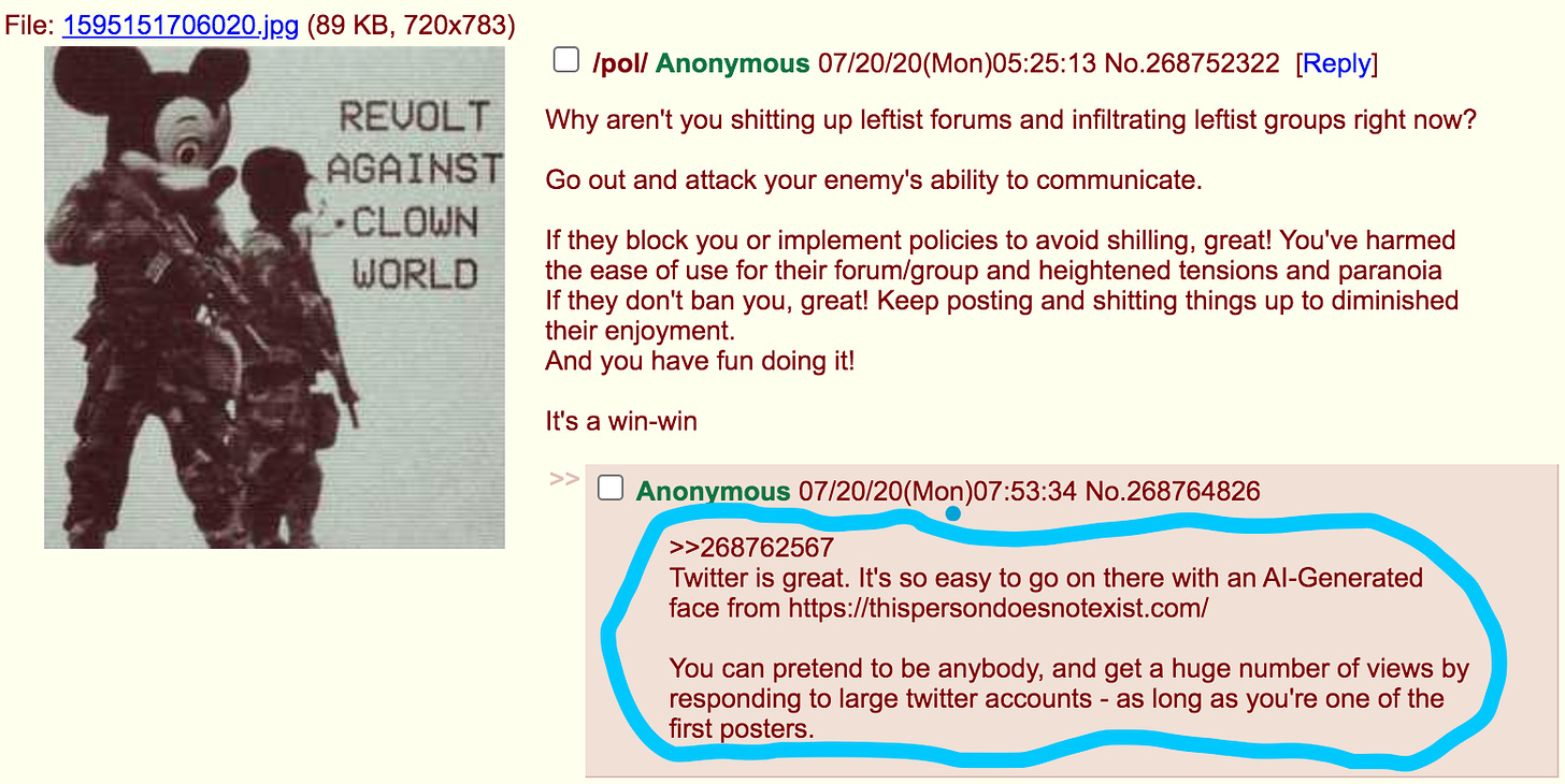 screenshot of 4chan post from 2020 encouraging the creation of Twitter accounts with GAN-generated faces