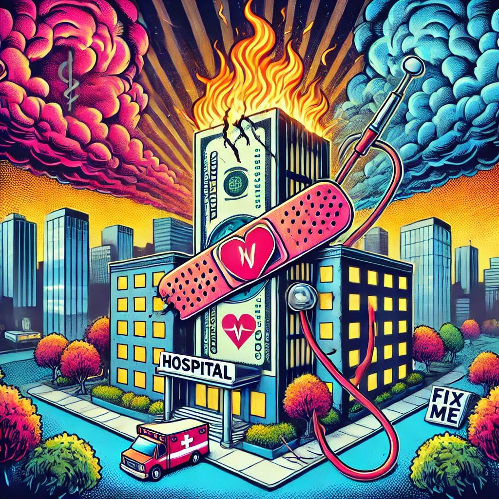 A vibrant and dynamic pop-art style illustration in a 1920x1080 resolution, depicting a chaotic hospital scene symbolizing the troubled healthcare system. The hospital building is cracked, with dollar bills pouring out of the cracks. Flames and a broken stethoscope add drama. On the side, a large band-aid covers part of the hospital with the words “Fix Me” written on it. The background features a cityscape with ominous clouds, representing societal unrest. The image is colorful, sarcastic, and reflective of systemic challenges.