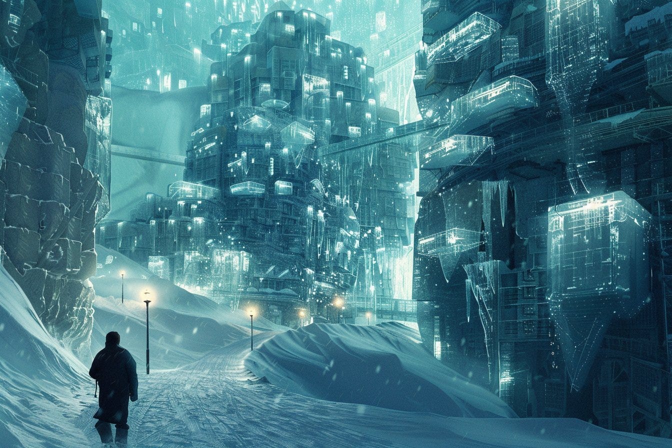 The arctic explorer, navigating this glacier white labyrinthine city, where each building reflects a polar night blue multitude of realities, challenging the very concept of space and time --ar 3:2 --style raw