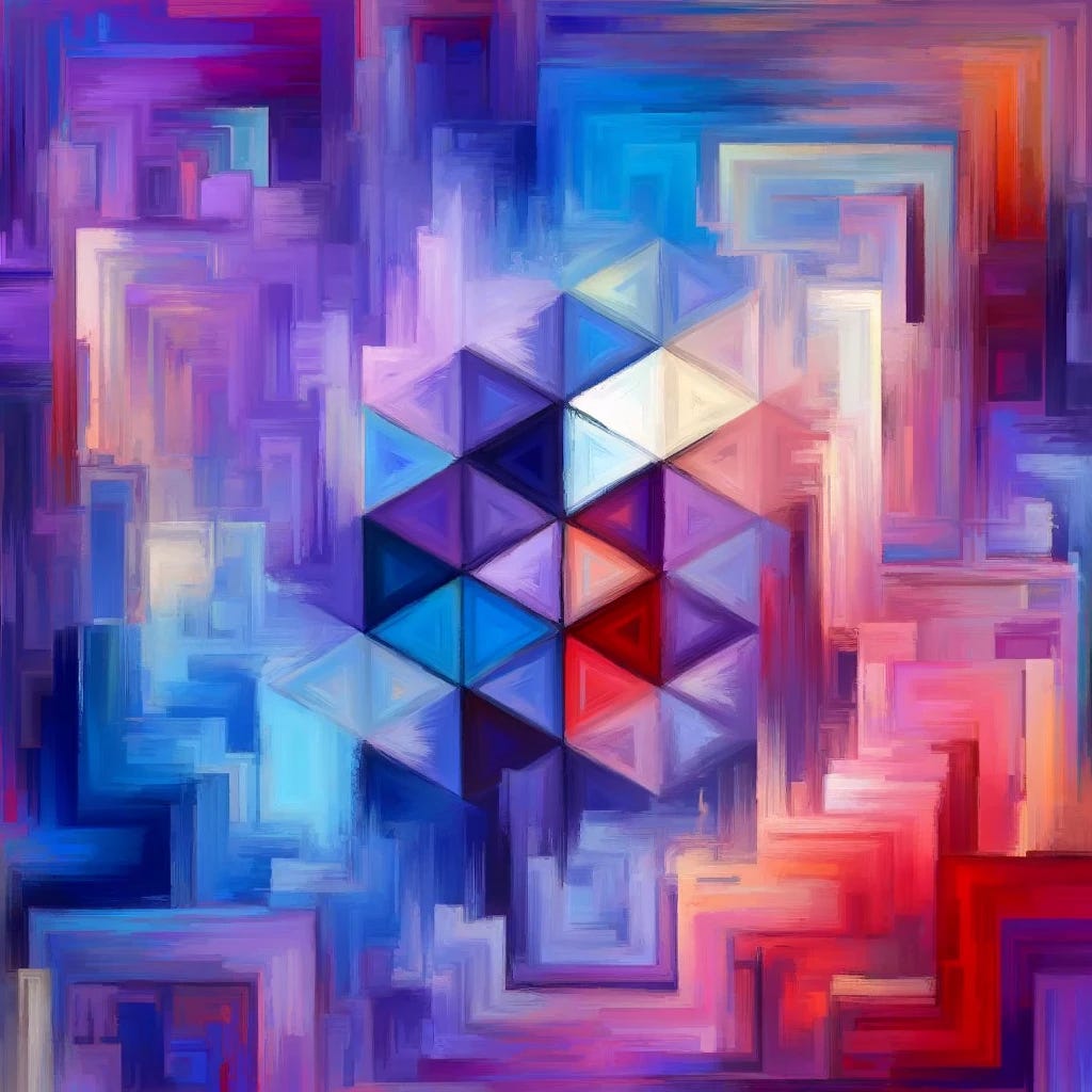 An abstract geometric impressionist painting symbolizing Bayesian computational cognitive science. The artwork should feature geometric shapes, with softer and more blurred edges to maintain an abstract quality. The color palette should remain intense with purple, blue, and red, creating a visually striking and deeply abstract interpretation of cognitive science themes.