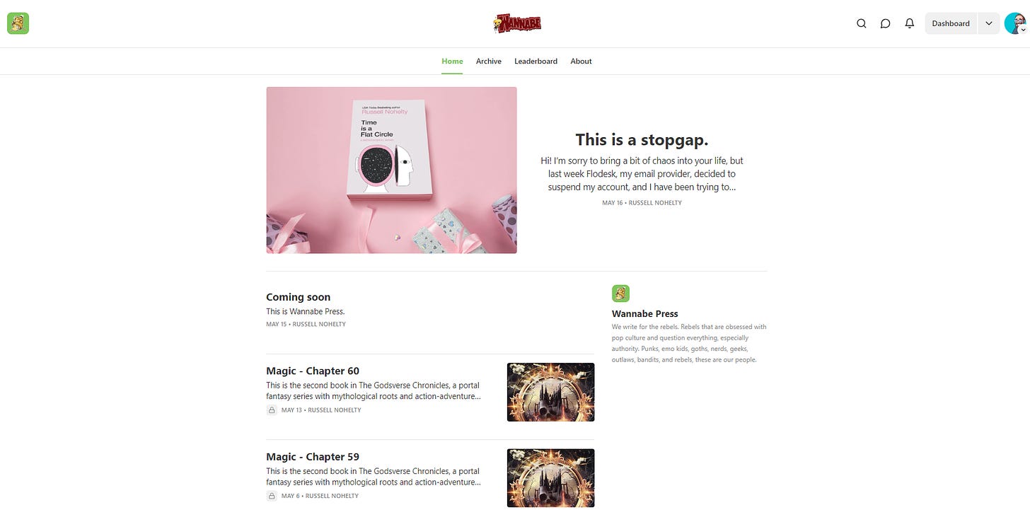 main page of new Wannabe Press substack