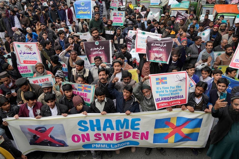 A protest in Lahore, Pakistan, against the burning of the Quran in Sweden by far-right politician Rasmus Paludan. AP