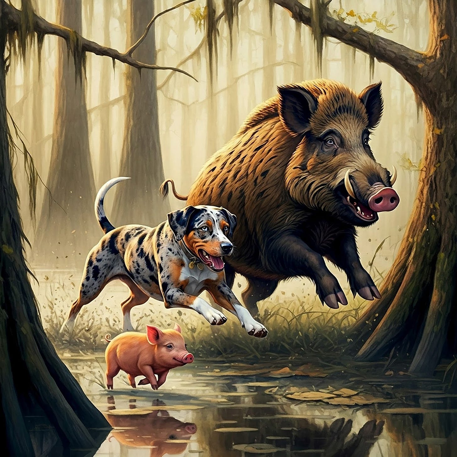 Image of wild boar, piglet, and Catahoula dog running in Bayou chase Image of wild boar, piglet, and Catahoula dog running in Bayou chase