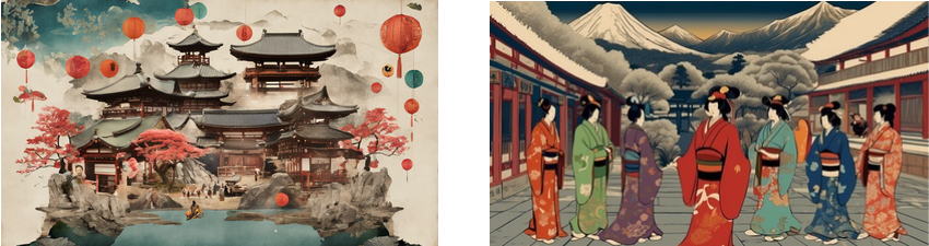 The image on the left is a traditional Japanese artwork that depicts a pagoda-style temple complex set on a rocky outcrop surrounded by water. Cherry blossom trees in full bloom enhance the scene, along with floating red lanterns in the sky, adding a festive touch to the tranquil setting.  On the right, a group of women in colorful kimonos stands in a temple corridor with red columns, overlooking a majestic snow-covered mountain in the background, likely Mount Fuji. The women's attire and the architectural details are in the traditional Japanese ukiyo-e art style, creating a scene that is vibrant with cultural history and beauty.