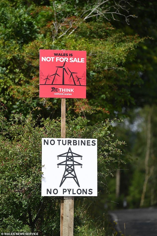 Residents are up in arms over the new wind farm plans which they say will blight the Welsh countryside (pictured is a protest sign outside the town of Builth Wells)